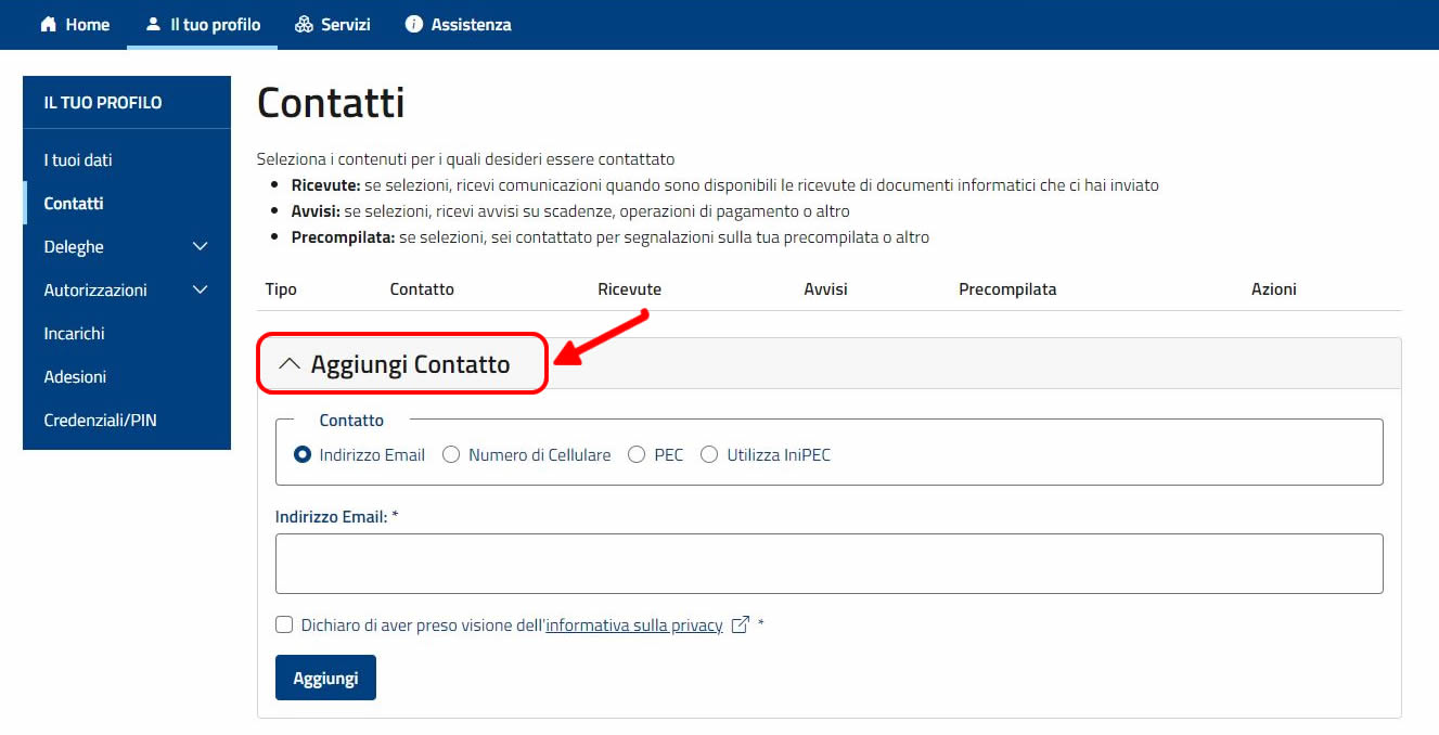 Aggiungi contatto in Agenzia Entrate